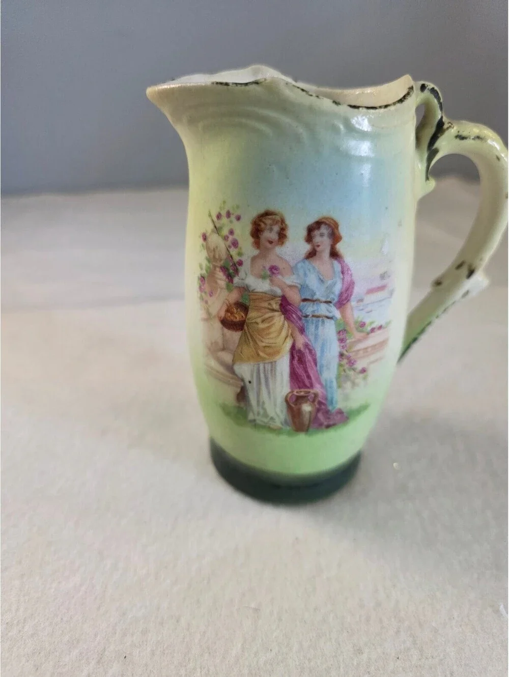 Antique German Porcelain Creamer Pitcher Green Victorian Ladies Transfer c.1900